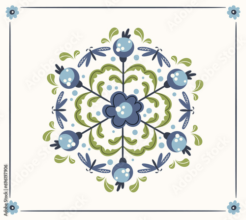 Folk floral round composition, ready to use vector print in Scandinavian style, hygge isolated design on white. Classic ethnic elements. scandi folk motif - mirror reflected flowers and berries