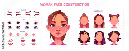 Woman face construction kit with cartoon facial parts for creation young female avatars with different nose and eyes, brows and hairstyles. Vector of girl head elements set for emotion generator.
