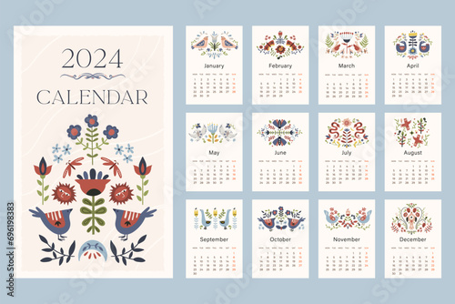Folk hygge calendar 2024, whole year calendar printable template A4 format with folklore nordic motif with flowers and birds, hand drawn vector design
