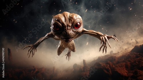 An alien with red eyes flying through the air. Generative AI. © serg3d