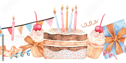 Baby Birthday seamless Border. Watercolor illustration of cake with candles. Hand drawn on isolated background. Drawing of kid boho party pattern. Painting of template frame for card and invitation