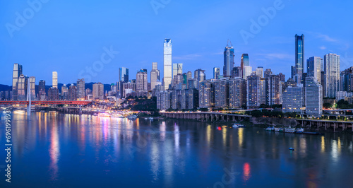 Panoramic view of city skyline and modern buildings in Chongqing at dusk  China. Famous travel destinations in China.