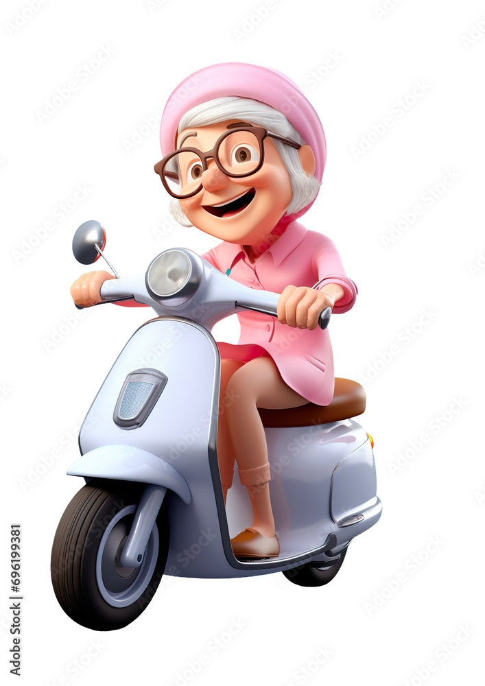 3d cartoon character a senior woman riding a scooter, laughing, happy digital illustration