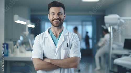 Handsome male dentist wearing a coat Standing with arms crossed, beautiful smile
 photo