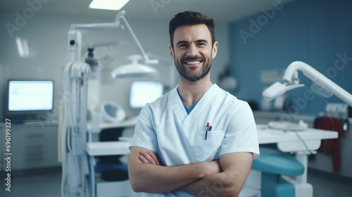 Handsome male dentist wearing a coat Standing with arms crossed, beautiful smile
