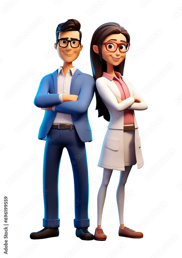 3d cartoon character a science couple a man and a woman standing smiling, arms crossed, happy, digital illustration 3d cartoon character a science couple a man and a woman standing smiling, arms crossed, happy, digital illustration
