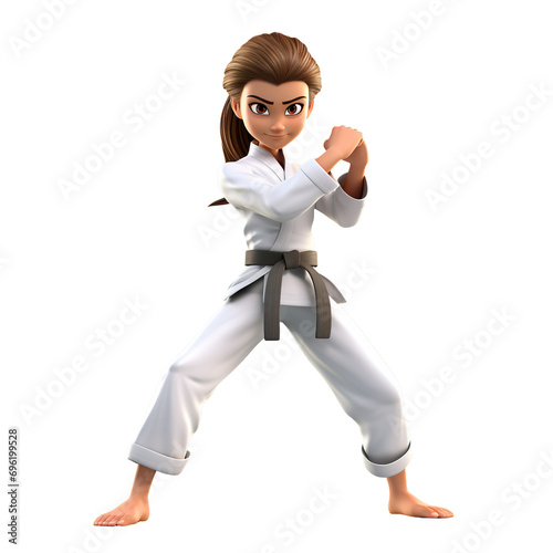 3d cartoon character a young confident woman dressed in a karate suit, standing in a fighting pose, active selfdefense, woman power, digital illustration