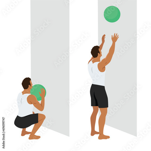 Man doing Medicine Ball Toss Up Exercise. Start with a squat pose and Toss the ball above the head catch the ball and rep. Flat vector illustration isolated on white background