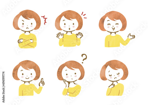 色々な表情の女性上半身手描きイラストセット