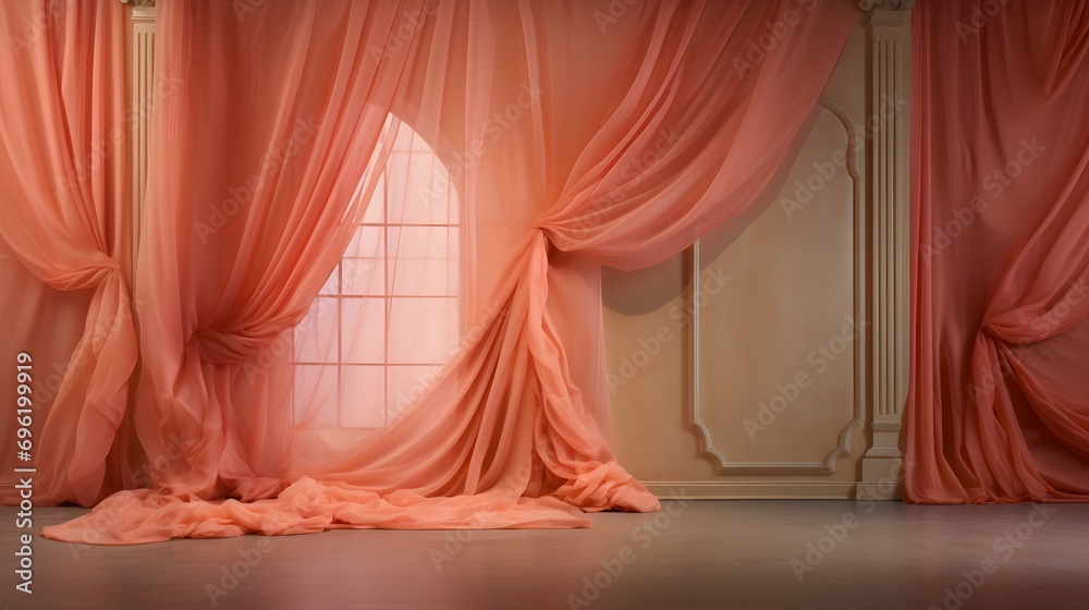 Smooth coral and peach fabric drapery with a silky appearance and soft lighting