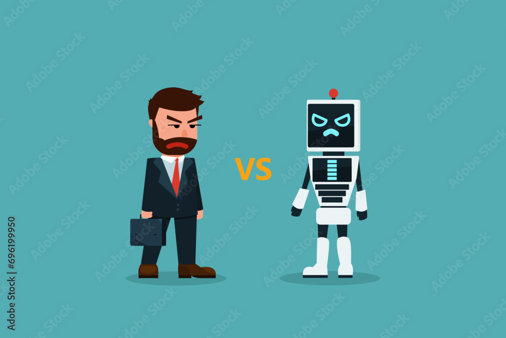 human vs robot. difference between a machine and a man. Disagreement between employees and robots. Vector illustration in cartoon style human vs robot. difference between a machine and a man. Disagreement between employees and robots. Vector illustration in cartoon style