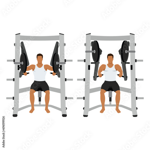 Man doing hammer strength chest bench press. Seated chest press exercise. Flat vector illustration isolated on white background