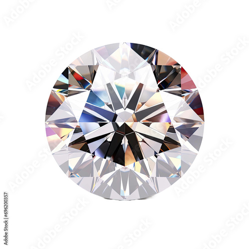 3D rendering of a brilliant-cut diamond with sparkling light, shadow, and glowing lens flares isolated on a white background
