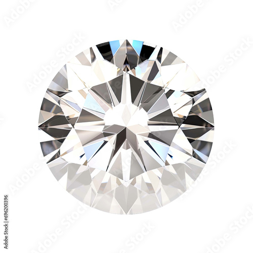 3D rendering of a brilliant-cut diamond with sparkling light, shadow, and glowing lens flares isolated on a white background