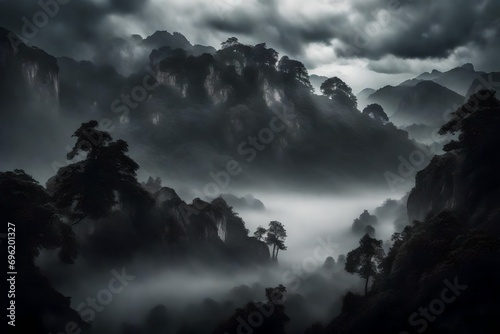 fog and mountain in black and white color with small hut in the mountain with with deep and dense lights and smoge and fog 