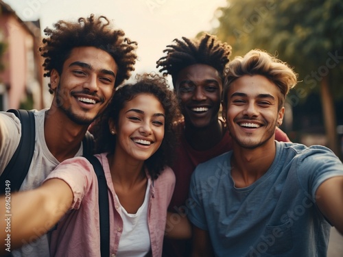 Multiracial young people laughing together at the camera - Happy group of friends having fun taking selfies pic with smart mobile phone - Youth community concept with guys and girls hugging outdoors