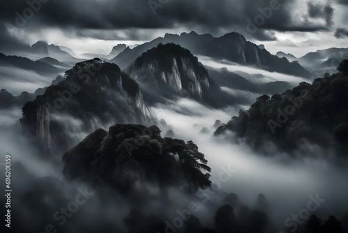 fog and mountain in  black and white color with small hut in the mountain with  with deep and dense lights and smoge and fog  photo