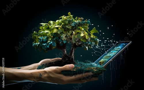 modern farming with hand planting digital tree on laptop computer photo