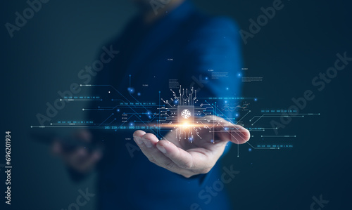 Businessman showing electronic circuit board chip, world of cutting edge technology innovation, progress, advanced technology of the future, modern, Ai tech. Innovation future. Artificial intelligence