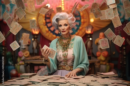 an older woman fortune teller in the in stylish funky clothes drawing or laying cards to give prognosis about future or analyze the situation, bubbly pink and cyan color palette