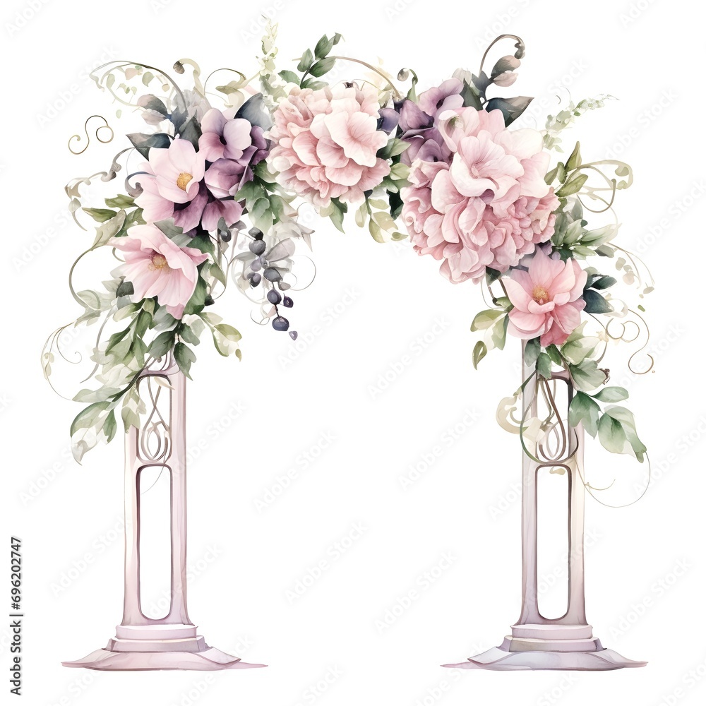 Wedding, outdoor white and pink themed wedding arch decorated with flowers, photorealistic, super detailed, watercolor on white background