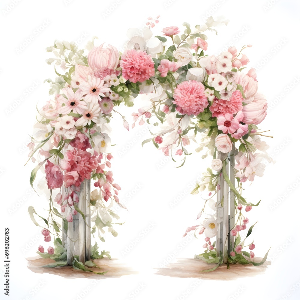Obraz premium Watercolor illustration of a Wedding arch frame of pink flowers roses, wedding card invitation, love story, romantic, on white background 