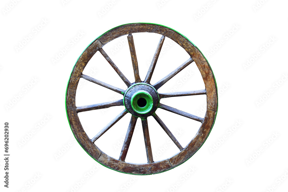 Ancient horse carriage wheel. Isolated image. White background.