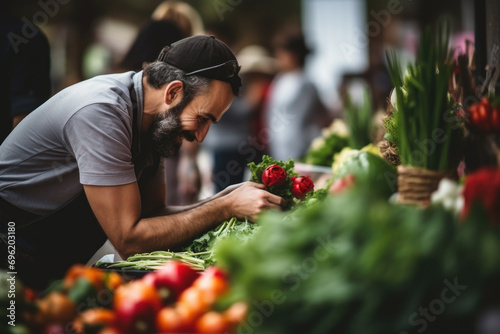 Handsome bearded man buying fresh vegetables at the local farmers market