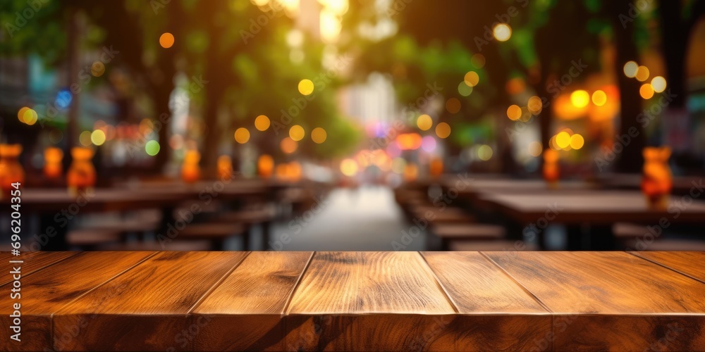 The empty wooden table top with blur background of outdoor cafe at the ...