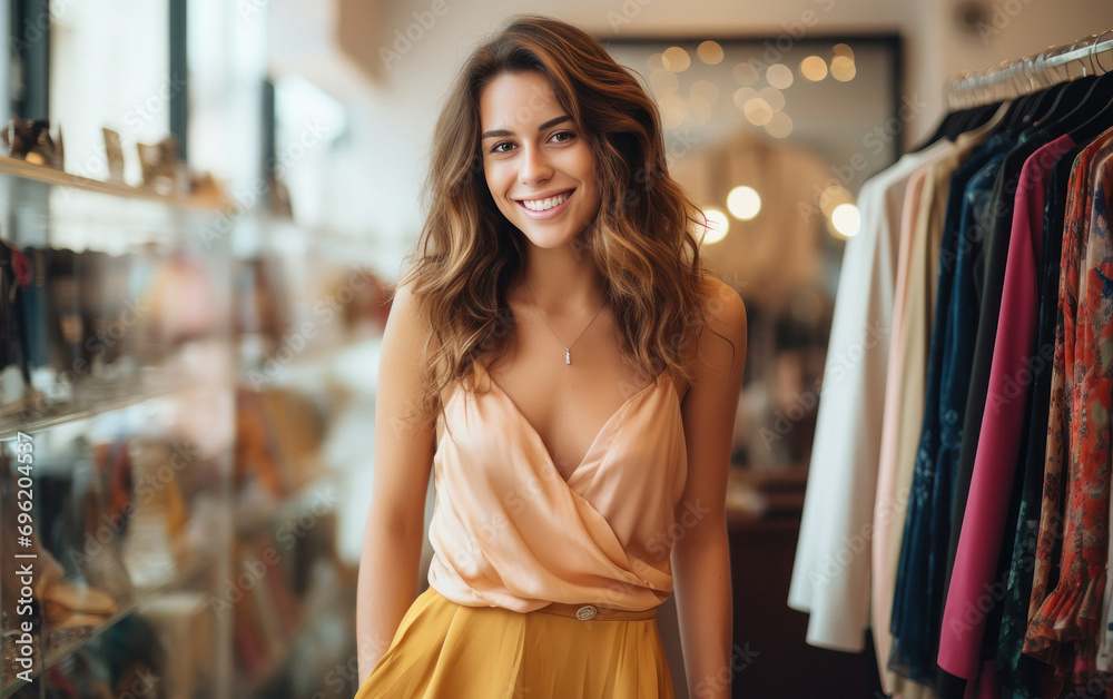 Young woman standing at cloth store and giving happy expression.