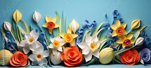 Easter background banner - flowers and eggs in paper sculpture or paper cut style, spring floral backdrop, AI generated photo