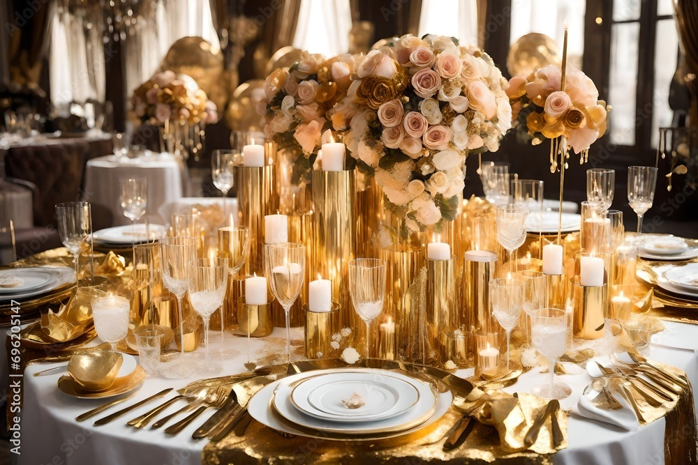 golden decoration of the wedding ceremony decoration in the greenery with roses placed in the table with full decoration of the interioer 