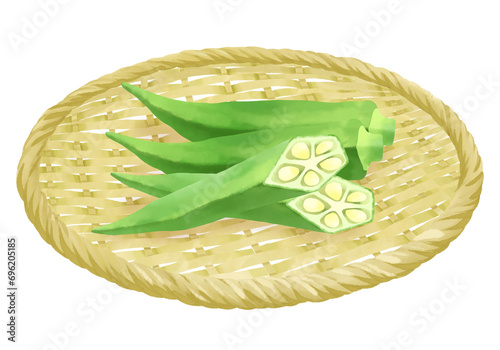 ザルにのったオクラのイラスト／Illustration of okra on a colander