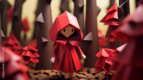 Paper origami little red riding hood in origami in the forest forest photo