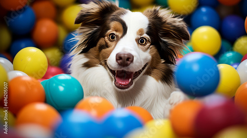 Funny playful dog in colorful ball pool © Keitma