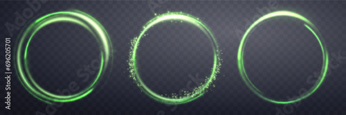 Green magic rings set, with glowing particles. Neon realistic energy flare halo ring. Abstract light effect on a dark transparent background. Vector illustration.