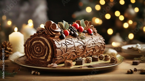 christmas log, traditional christmas cake, buche de noel, chocolate, pastry, decorated with christmas themed elements, family meal and tradition, light and christmas tree in the background