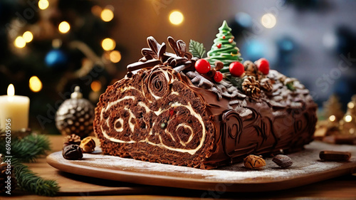 christmas log, traditional christmas cake, buche de noel, chocolate, pastry, decorated with christmas themed elements, family meal and tradition, light and christmas tree in the background