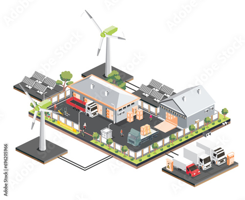 Use of clean energy in the logistics sector. Isometric distribution logistic center with solar panels and wind turbines. Warehouse storage facilities with trucks.