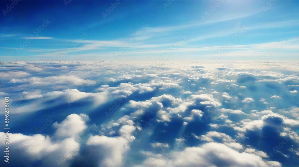 Blue sky with white clouds, flying above the clouds, picture from plane, heaven, sunny day, fair weather, bright daylight, sky with few clouds, sky gradient, sky background, nature