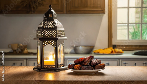 A lantern and dates fruit is placed on a wooden table with a clean kitchen at home for the Muslim feast of the holy month of Ramadan Kareem. photo
