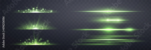 Green lens flares set. Isolated on transparent background. Sun flash with rays or spotlight and bokeh. Glow flare light effect. Vector illustration.