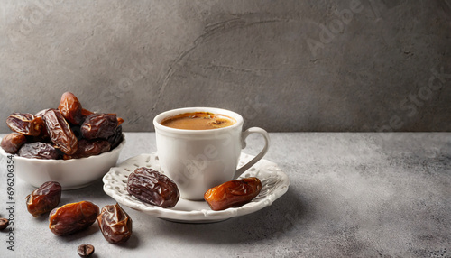 Cup of coffee and dry dates on saucer ready to eat for iftar time. Islamic religion and ramadan concept photo