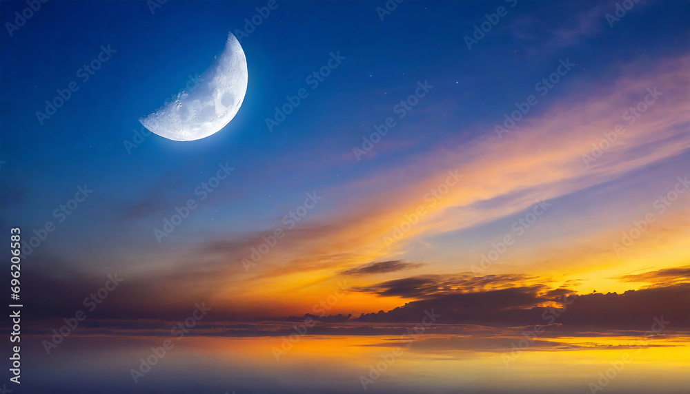 Muslim half moon and soft sunset at Arab night over the city. Light in dark sky. soft cloud. Ramadan background. Dramatic nature background.