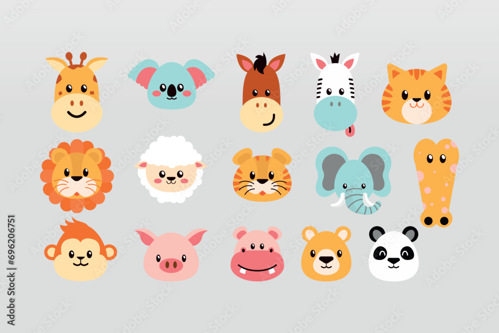 Flat Colorful cute animals doodle vector illustration