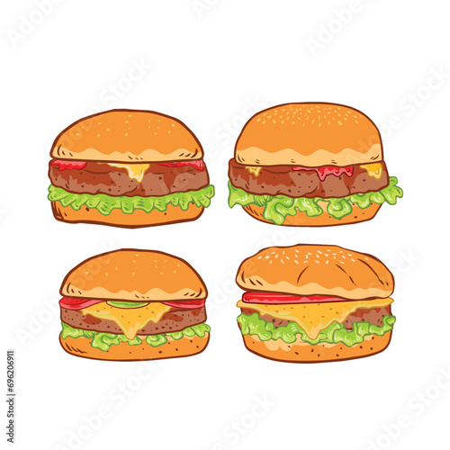 Hand drawn cheese burger doodle illustration collection