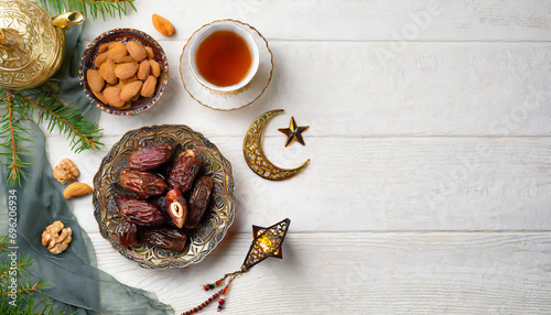Ramadan Kareem greeting card design. Dried dates in Islamic star and crescent moon plate, nuts, oriental lantern, cup of tea on white table. Flat lay, top view