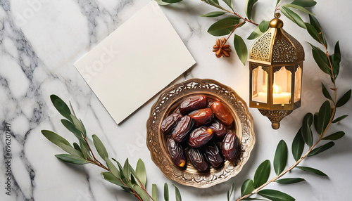 Ramadan Kareem mockup. Bronze plate with dates fruit, olive branches, glowing Moroccan lantern and blank greeting card on white marble table. Flat lay, top view. wider copy space for many text