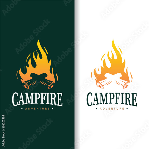 Design wood and fire, logo campfire bonfire vector camping adventure vintage illustration