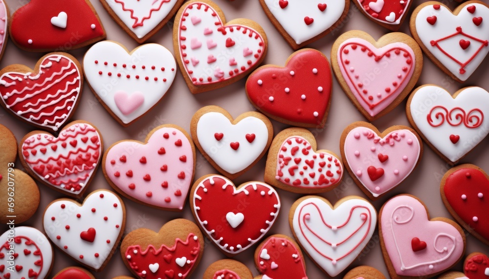 Decorated heart shaped cookies on pink background, top view Decorated heart shaped cookies on pink background, top view